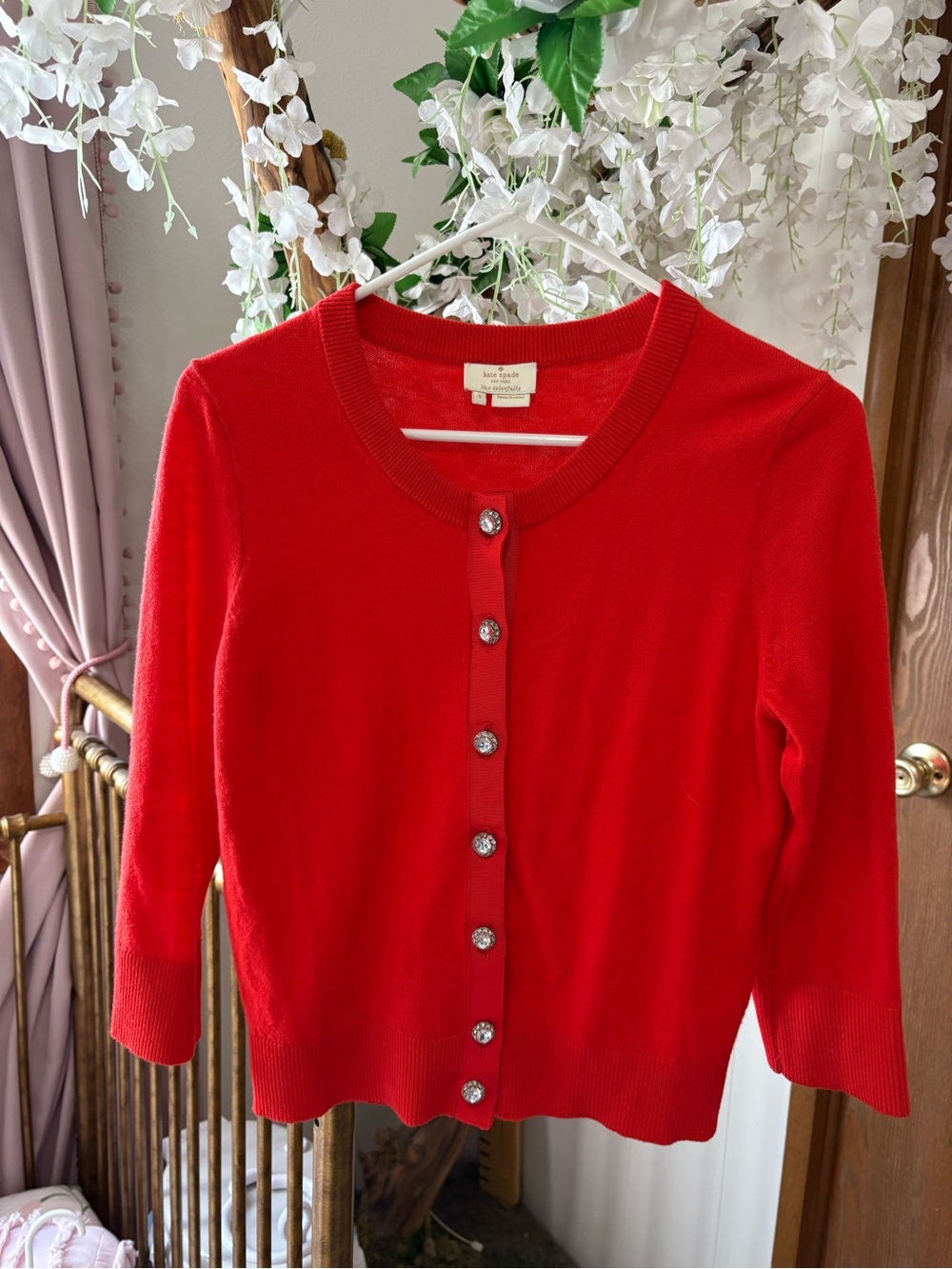 kate spade Red Jeweled-Button Crewneck Cardigan ♠️ ♥️